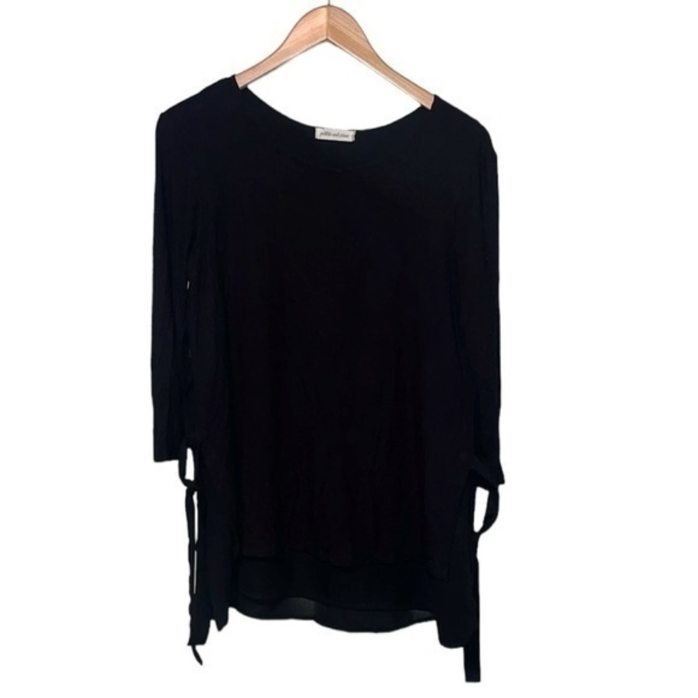 Pebble & Stone Black Blouse 1/4 Sleeves Side Ties Womens Size Medium